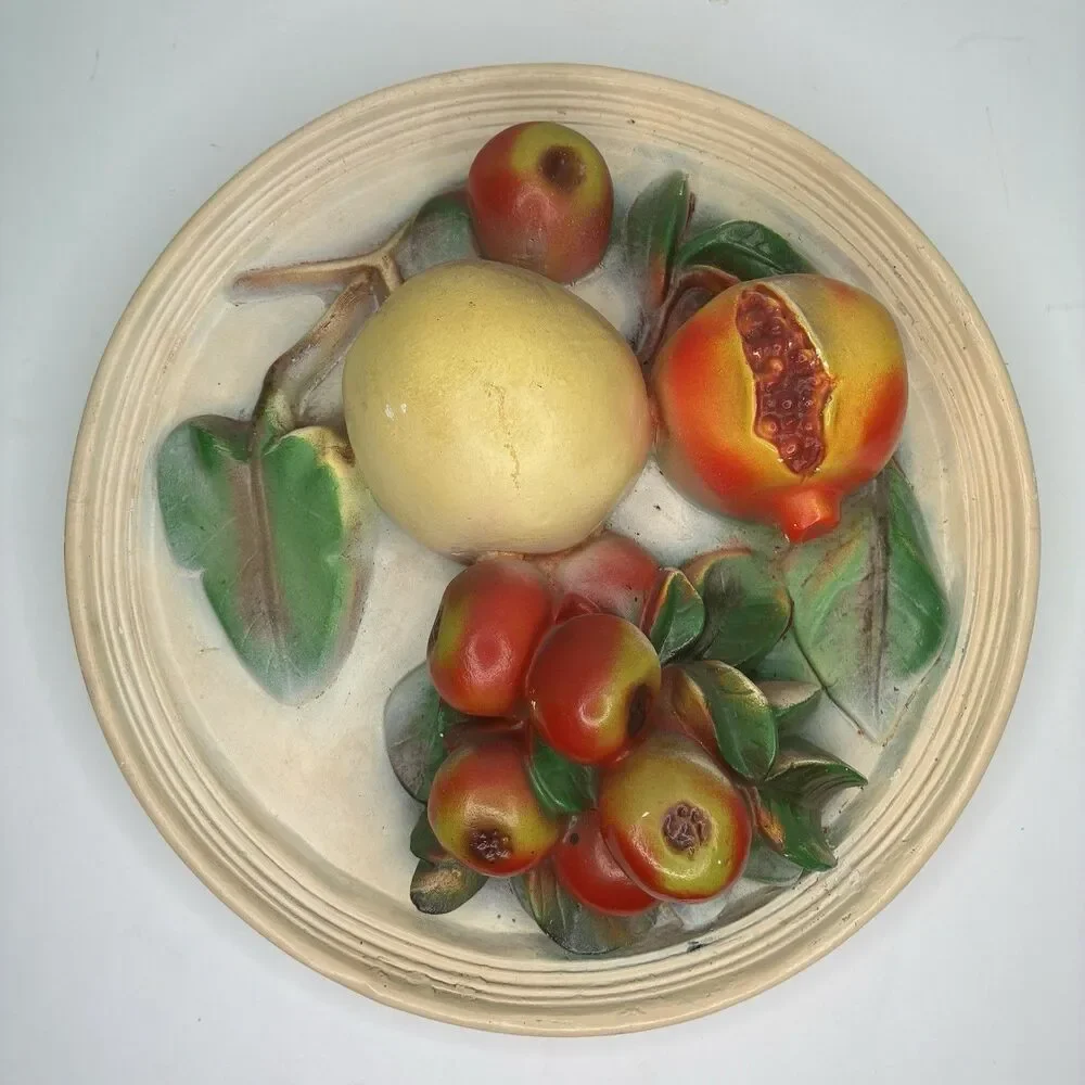 Vintage MCM 14” Large Round 3D Chalkware Fruit Wall Decor/Plaque Grannycore